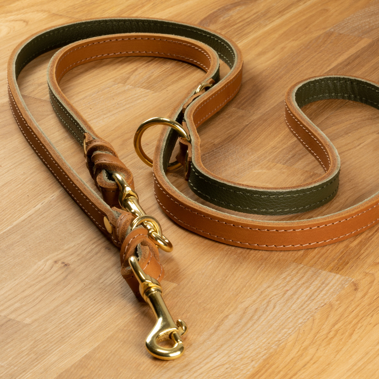 Dog leash &quot;Lyon&quot; Leather cognac &amp; olive green