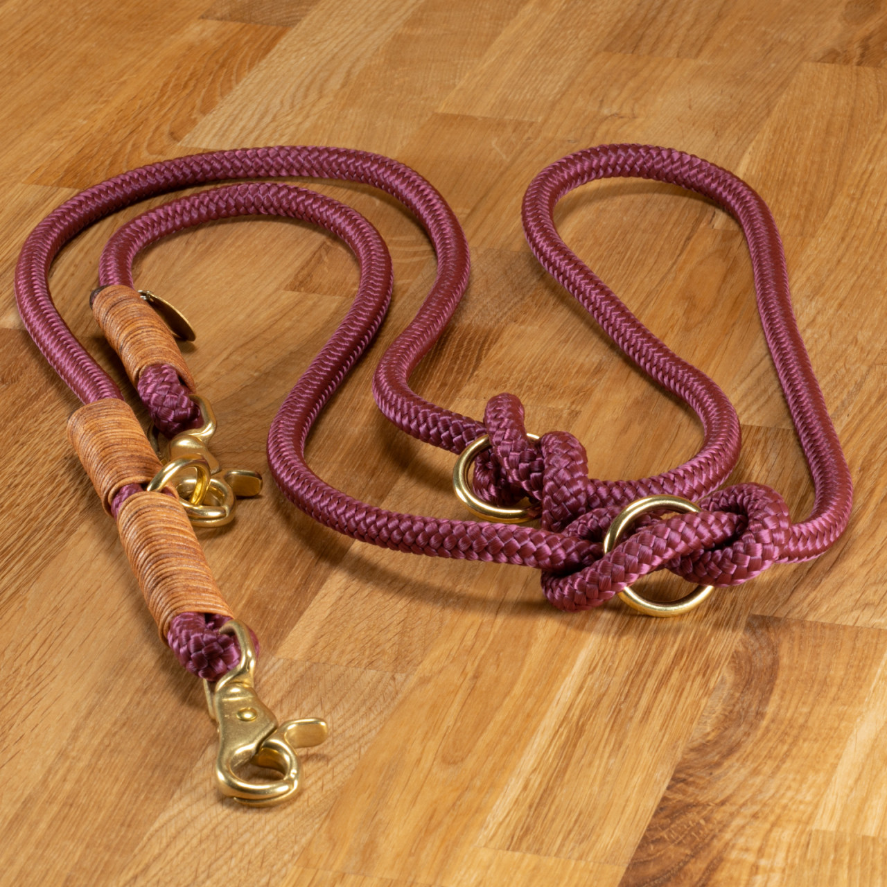 Dog leash &quot;Louis&quot; rope wine red with leather winding Cognac