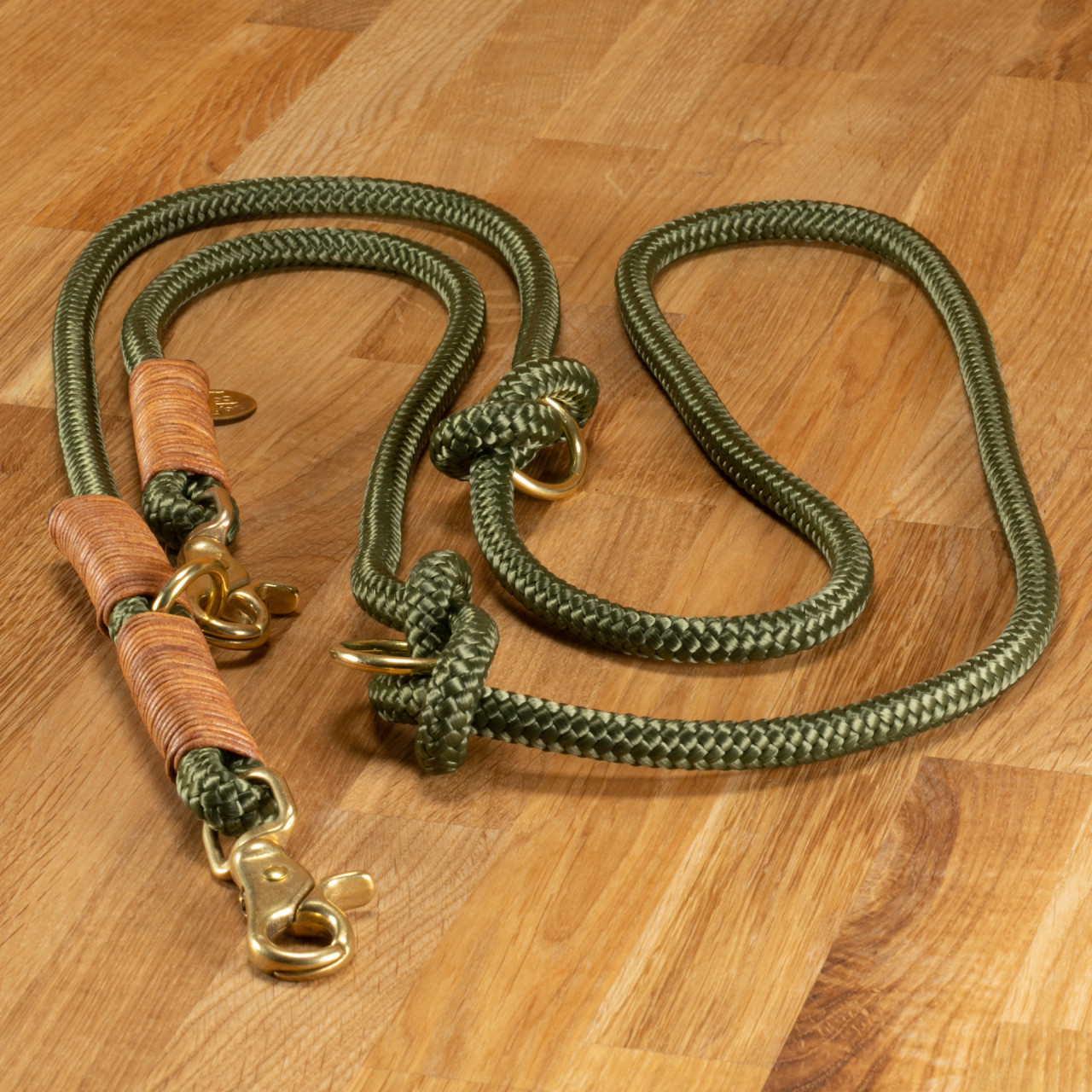 Dog leash &quot;Louis&quot; rope olive with leather wrapping cognac