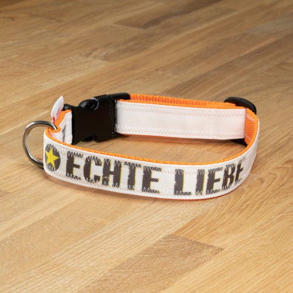 Dog collar "real love" canvas white & orange