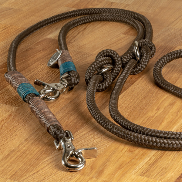 Dog leash "Louis" rope brown with brown & cyan leather wrapping