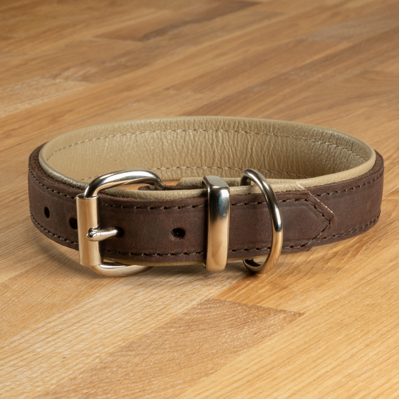 Hundehalsband Lyon Leder dunkelbraun &amp; beige