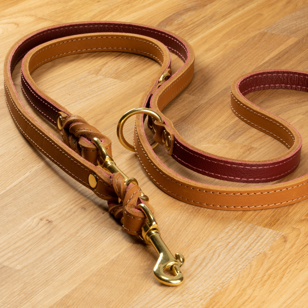 Dog leash &quot;Lyon&quot; leather cognac &amp; wine red