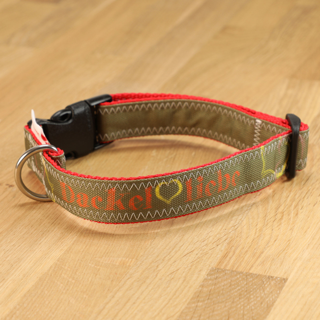 Hundehalsband Dackelliebe Segeltuch oliv &amp; rot