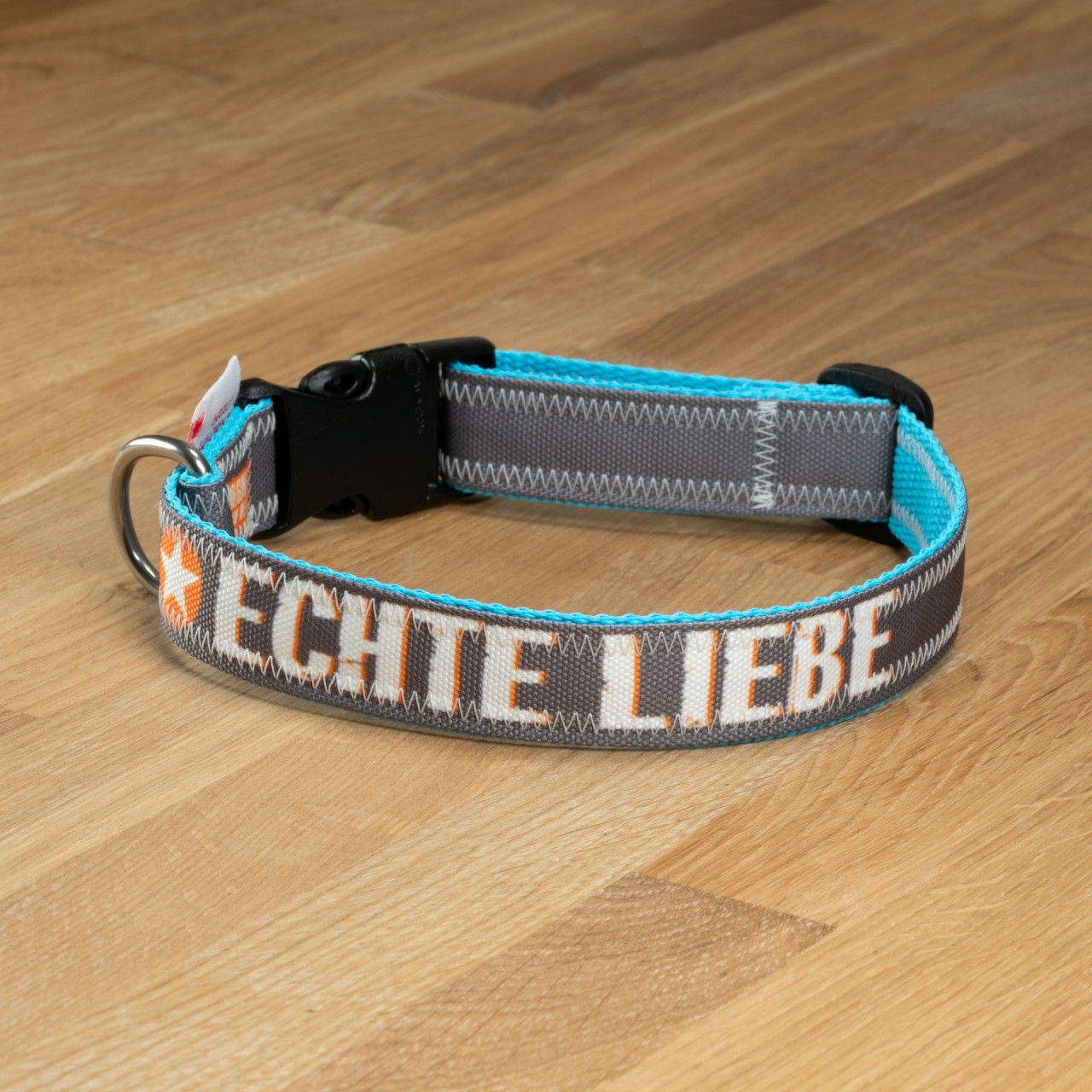 Dog collar &quot;real love&quot; canvas grey &amp; cyan