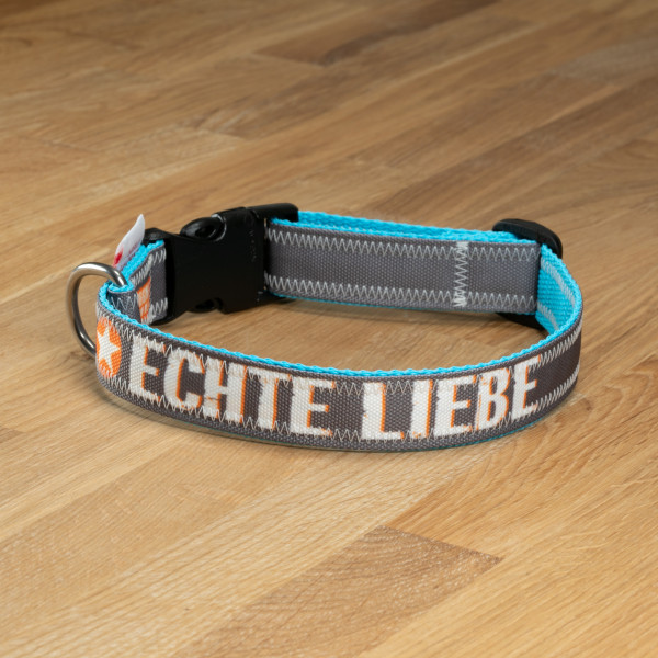 Hundehalsband "Echte Liebe" Segeltuch grau & türkis