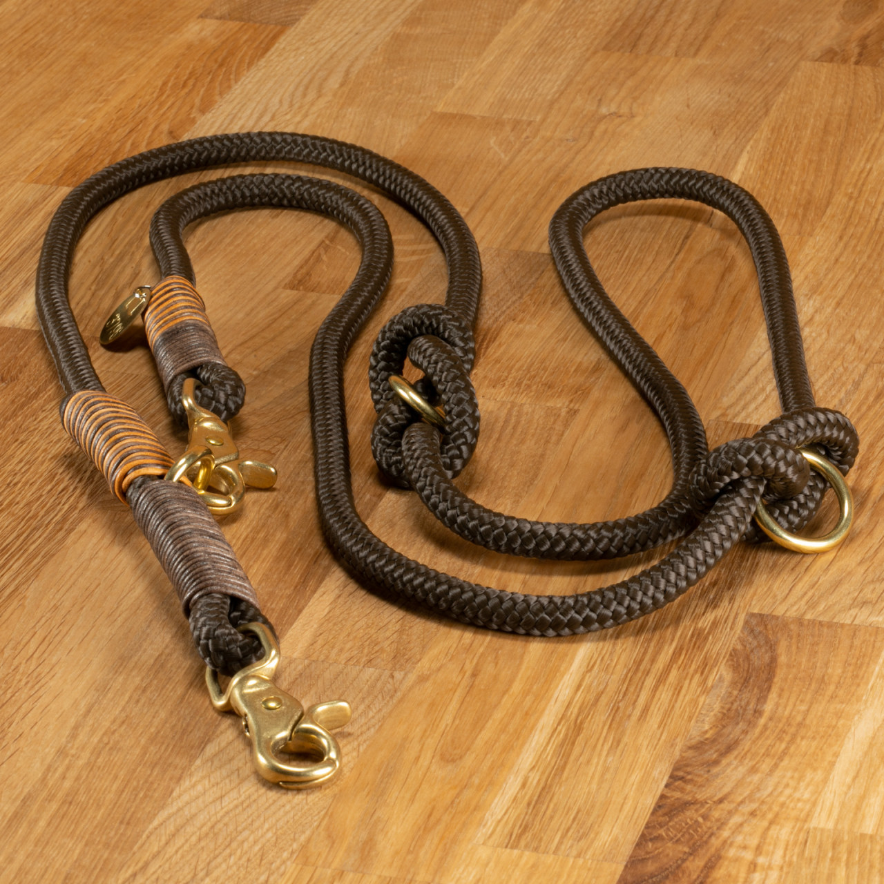 Dog leash &quot;Louis&quot; rope brown with brown-brick leather wrapping