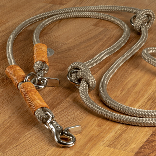 Dog leash "Louis" rope taupe with cognac leather wrapping