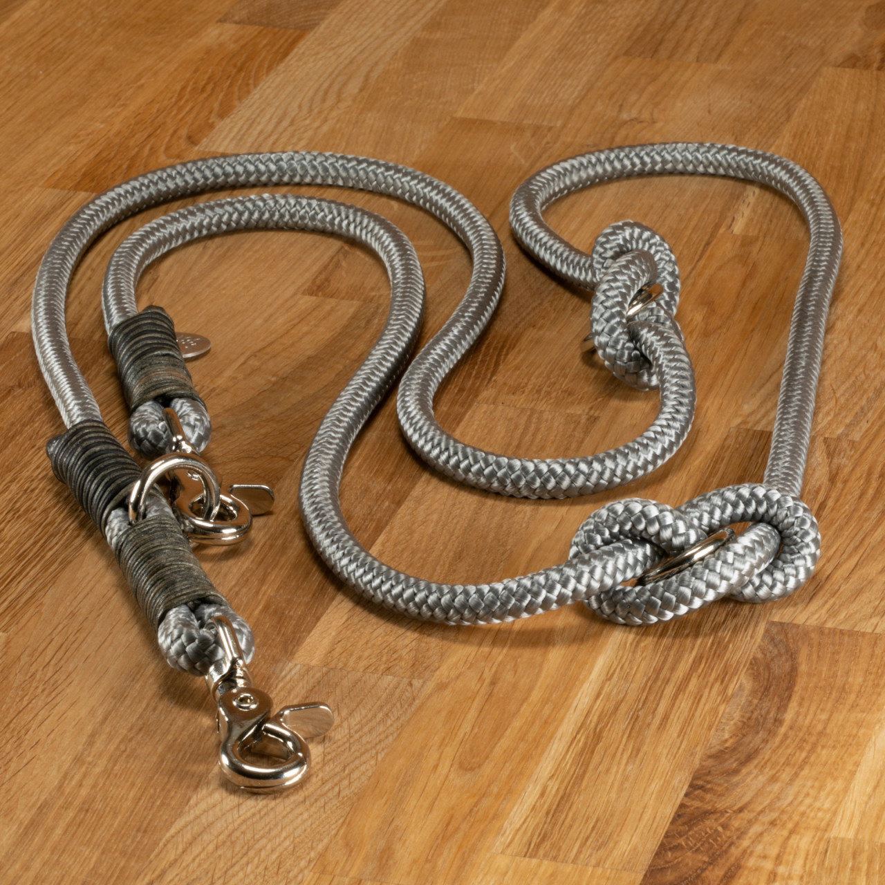 Dog leash &quot;Louis&quot; rope silver grey with grey-black leather winding