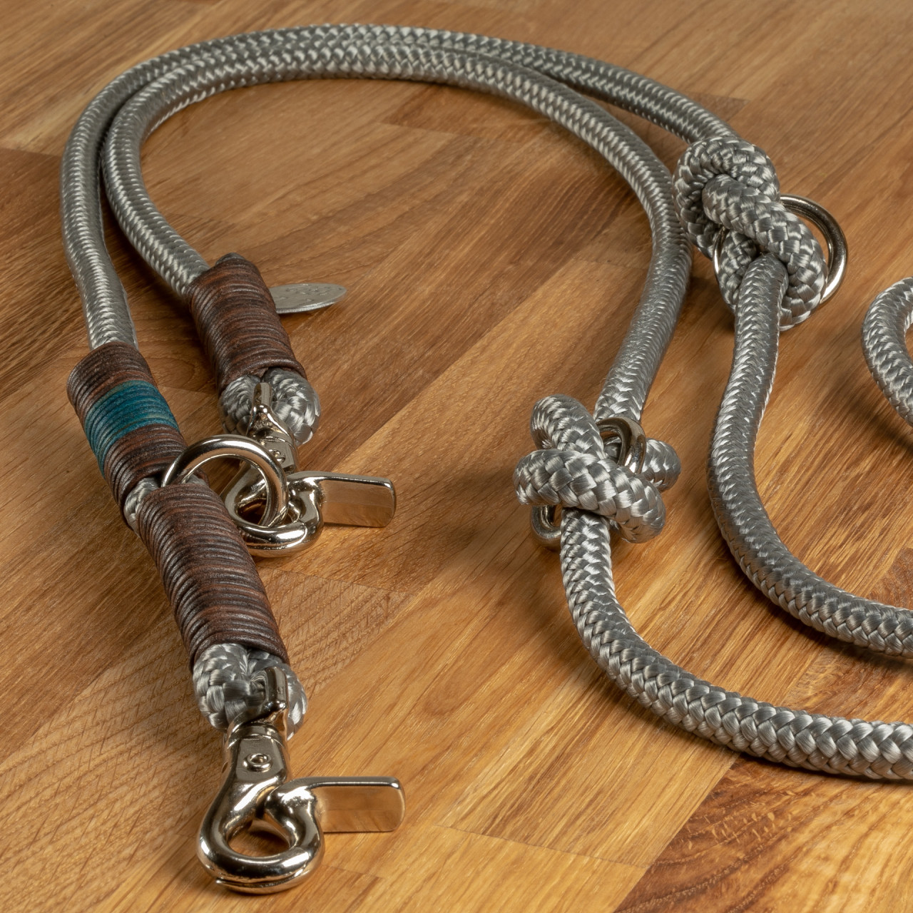 Dog leash &quot;Louis&quot; rope silver grey with brown &amp; cyan leather wrapping