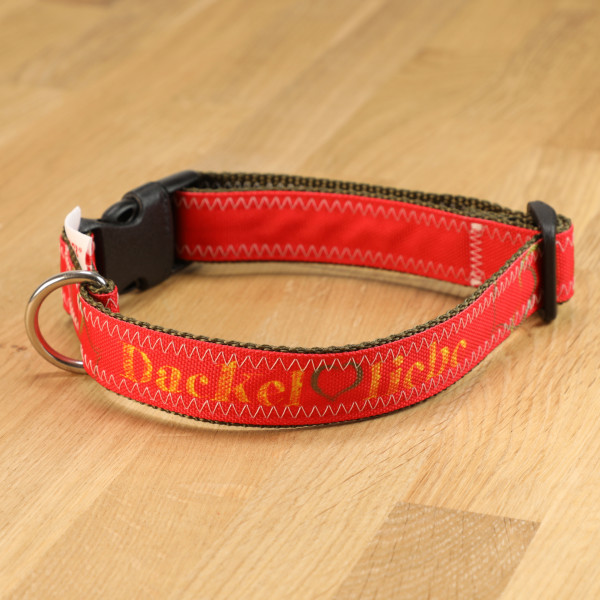 Hundehalsband Dackelliebe Segeltuch rot & oliv