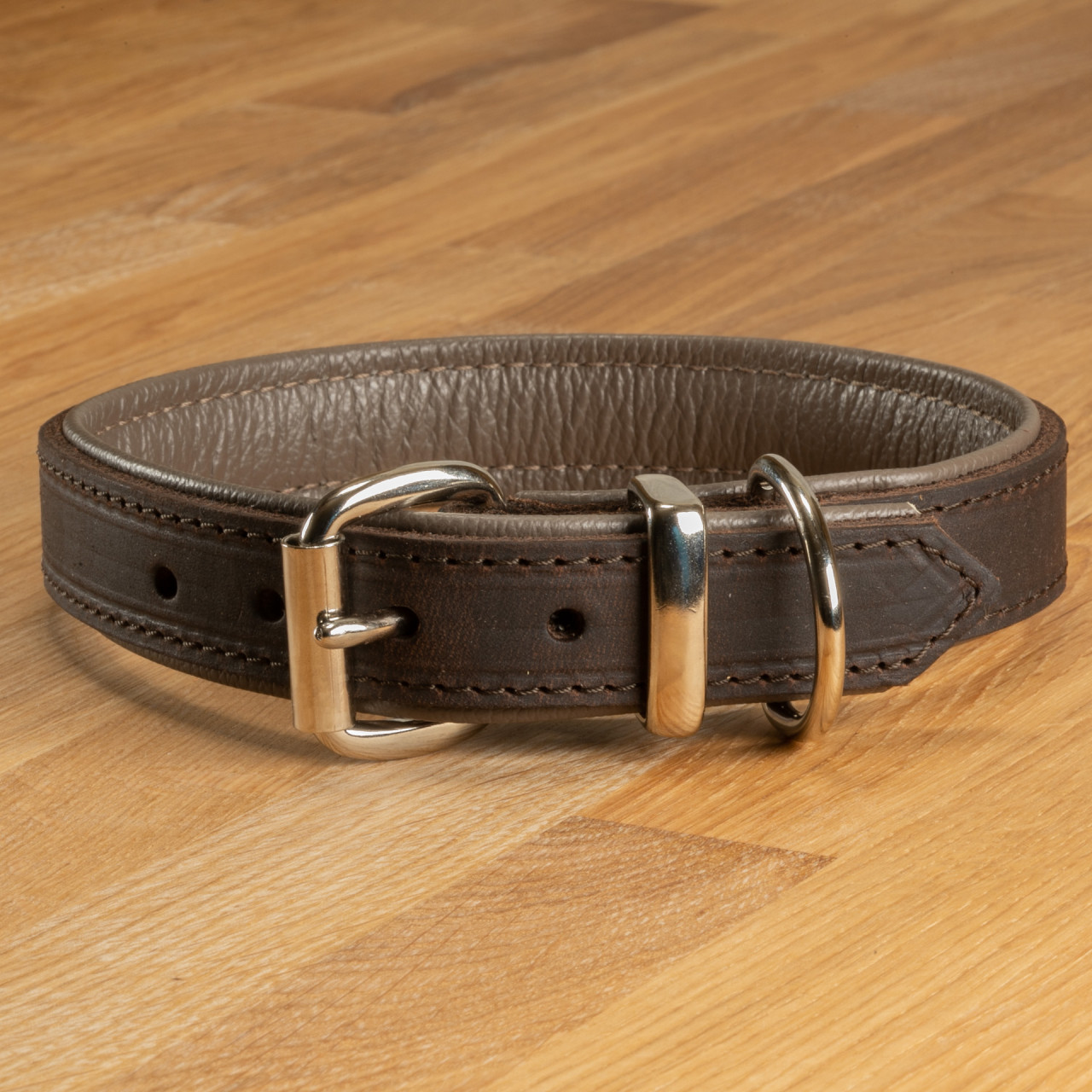 Dog collar &quot;Lyon&quot; leather dark brown &amp; grey brown