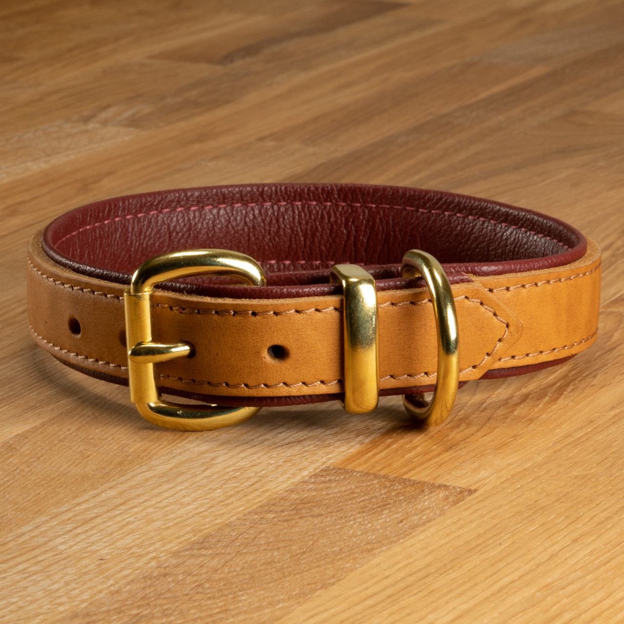 Dog collar &quot;Lyon&quot; leather cognac &amp; wine red