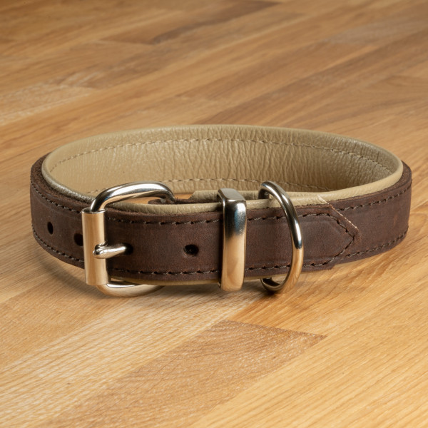 Dog collar "Lyon" leather dark brown & beige