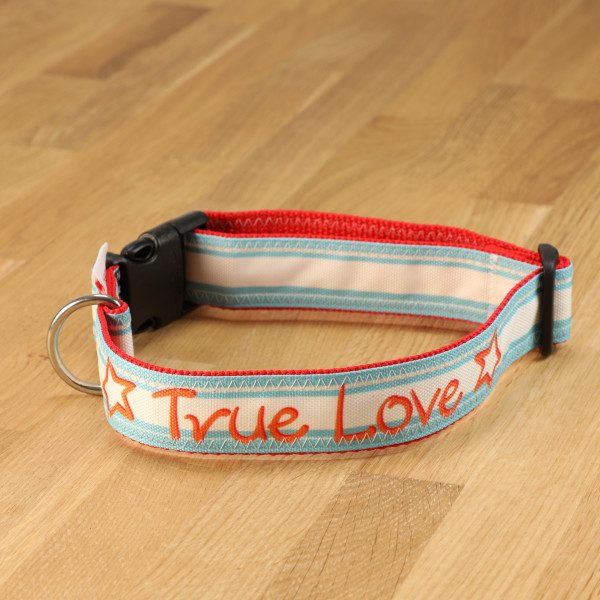 Hundehalsband "True Love" Segeltuch Türkis-Weiß & Orange