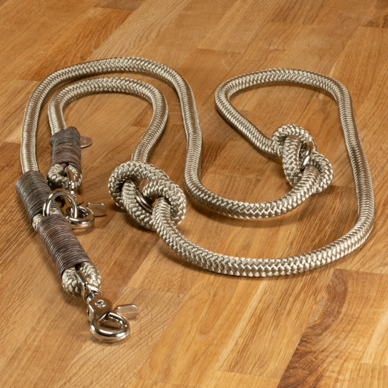 Dog leash &quot;Louis&quot; rope taupe with brown leather wrapping