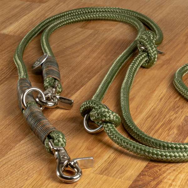 Dog leash "Louis" rope olive with brown leather wrapping