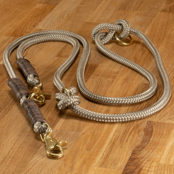 Dog leash "Louis" rope taupe with brown leather winding