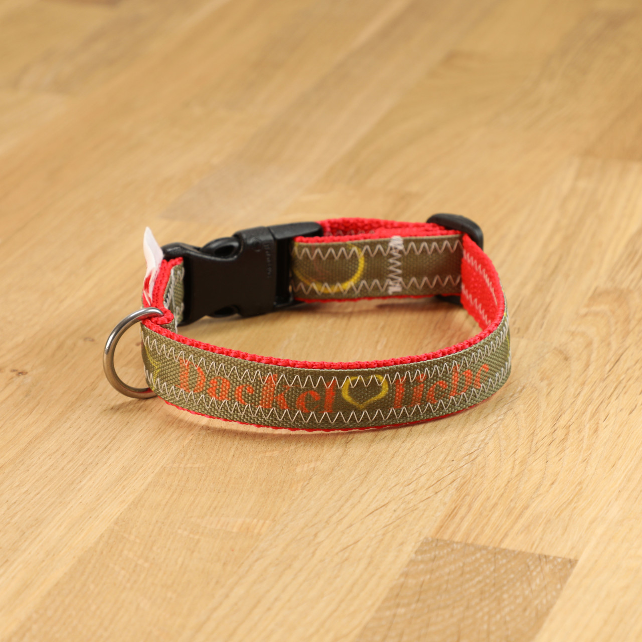 Hundehalsband Dackelliebe Segeltuch oliv &amp; rot