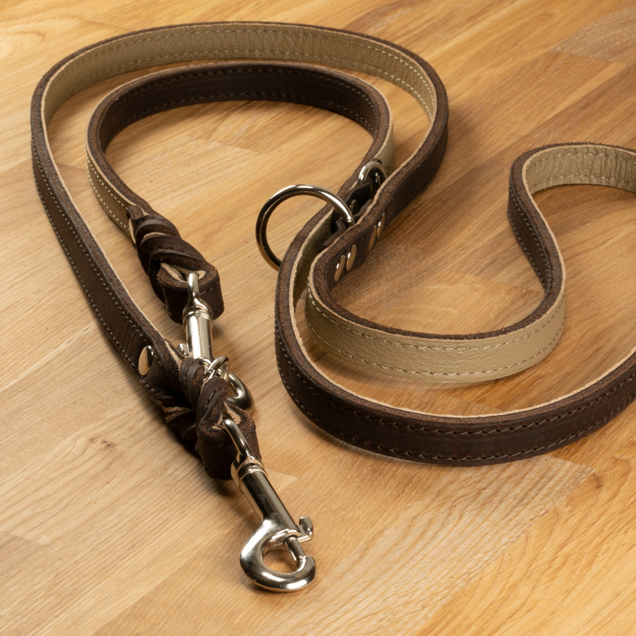 Dog leash &quot;Lyon&quot; leather dark brown &amp; beige