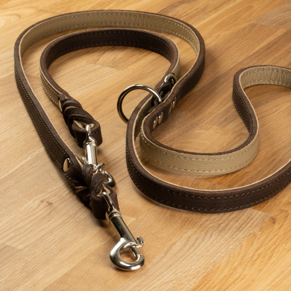 Dog leash "Lyon" leather dark brown & beige